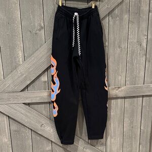 Savage X Fenty Racer Black Joggers with Blue and Orange Flames